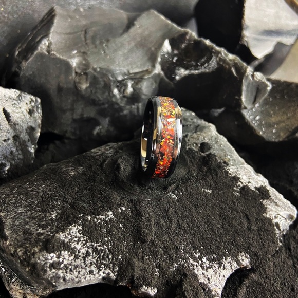 Fire Opal Inlay Black Wedding Band - Picture 2 of 5